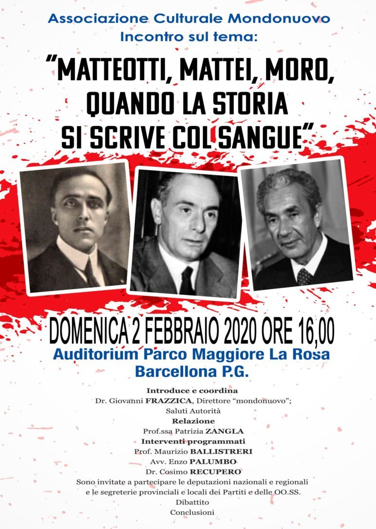 Barcellona PG. Incontro “Matteotti, Mattei, Moro, quando la Storia si scrive col sangue”