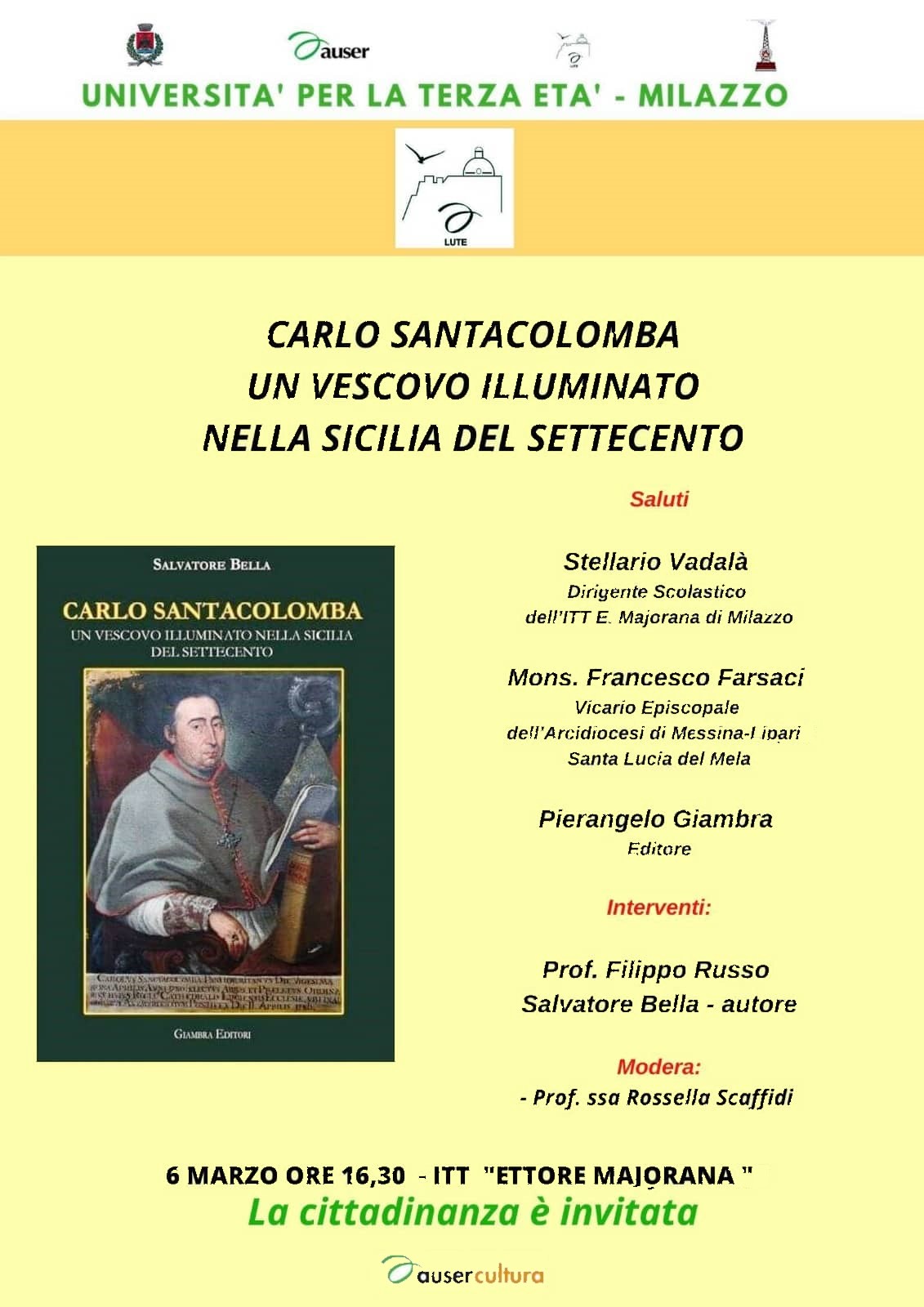 Milazzo. Si presenta il libro “Carlo Santacolomba. Un vescovo illuminato nella Sicilia del settecento”