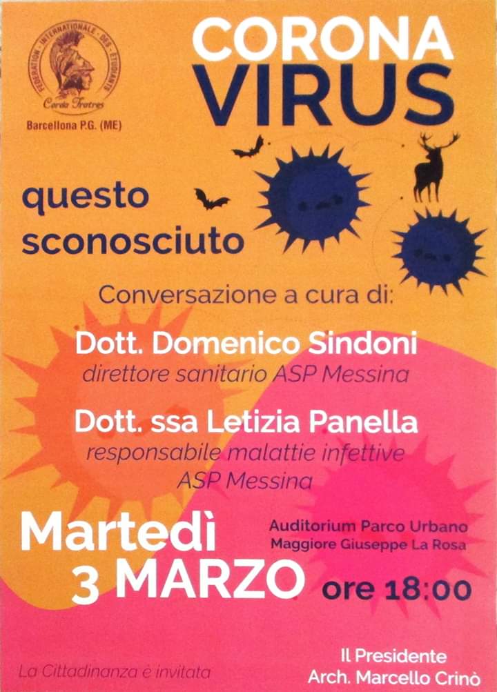 Barcellona PG. La Corda Fratres organizza l’evento “Corona Virus questo sconosciuto” all’Auditorium del Parco “Maggiore La Rosa”
