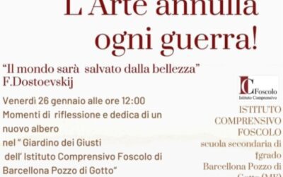 Barcellona PG. L’incontro “L’Arte annulla ogni guerra” per la Giornata della Memoria all’I.C. “Foscolo”. Piantumazione di un nuovo albero nel “Giardino dei Giusti”