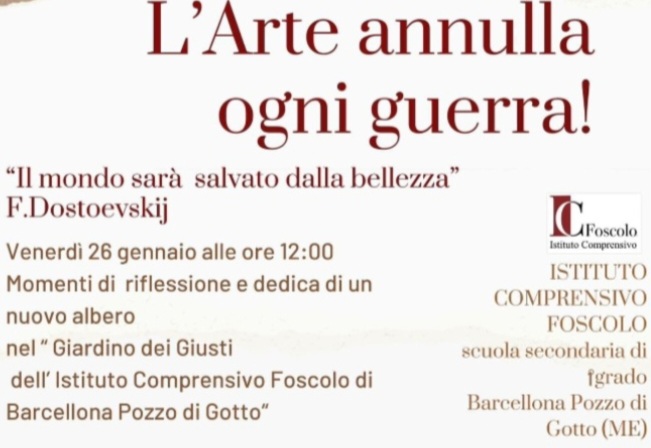 Barcellona PG. L’incontro “L’Arte annulla ogni guerra” per la Giornata della Memoria all’I.C. “Foscolo”. Piantumazione di un nuovo albero nel “Giardino dei Giusti”