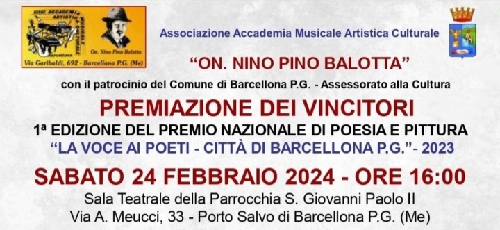 Barcellona PG. La Cerimonia di Premiazione della 1ª Edizione del Concorso Nazionale di Poesia e Pittura “La Voce ai Poeti, Città di Barcellona P.G.” il 24 febbraio a Porto Salvo