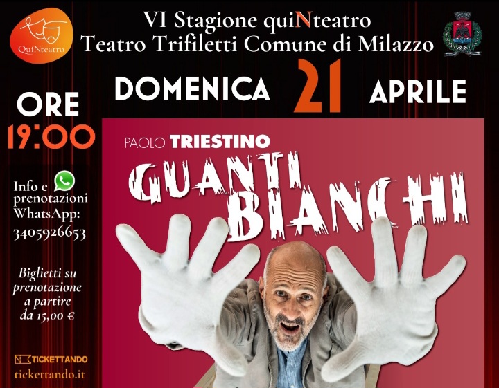 Milazzo. Lo spettacolo “Guanti Bianchi” di Edoardo Erba con Paolo Triestino per “quiNteatro 2024” al Teatro Trifiletti