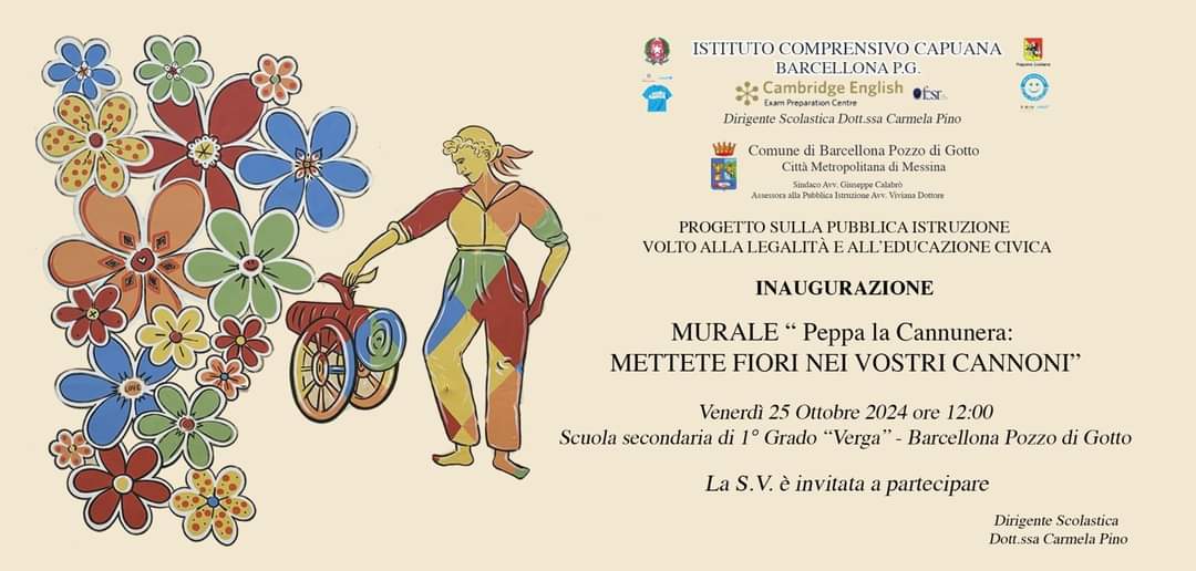 Barcellona PG. All’I.C. “Capuana” l’inaugurazione del Murale “Peppa la Cannunera: Mettete fiori nei vostri cannoni” 