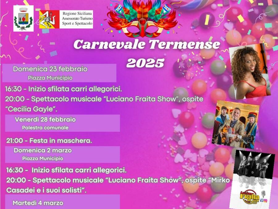 Terme Vigliatore. ‘Il Carnevale Termense 2025’, via domenica 23 febbraio tra carri allegorici, musica e la special guest Cecilia Gayle