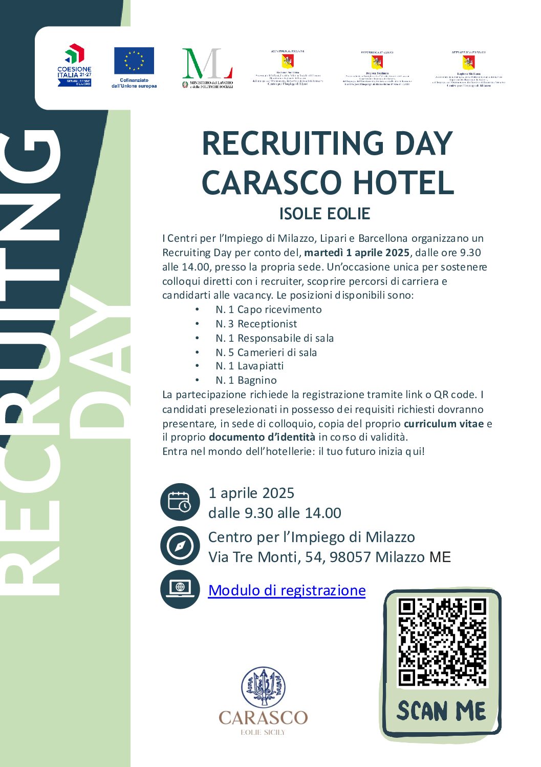 Job day per professionisti del turismo, martedì 1 aprile a Milazzo