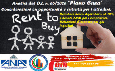 ANIA Inquilini, Casa Mia Proprietari, e C.A.M. Agenti immobiliari analizzano Mercato delle locazioni Siciliano: “Canoni calmierati e Piano Casa Italia come risposta strutturale all’emergenza abitativa in essere”